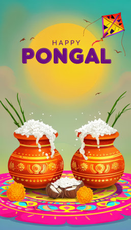 Colorful Pongal Celebration An Animated Greeting Card Featuring Two Rice Pots, Traditional Kite, Sun, Birds, Flowers, Bamboo Sticks, Coconuts, and Text Happy Pongalの素材