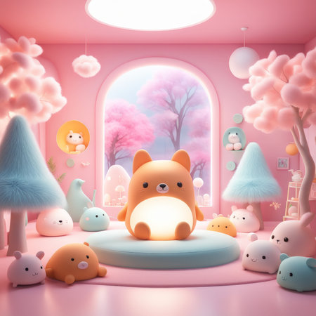 Enchanted Window Scene An Orange DogLike Creature Surrounded by Cuddly Toys and Pastel Delightsの素材