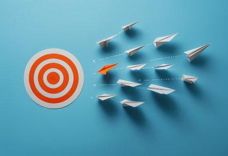 Directional Guidance An Illustrative Diagram of White Paper Airplanes Aimed at the Orange Goal Symbolized by Concentric Circles and Blue Backgroundの素材