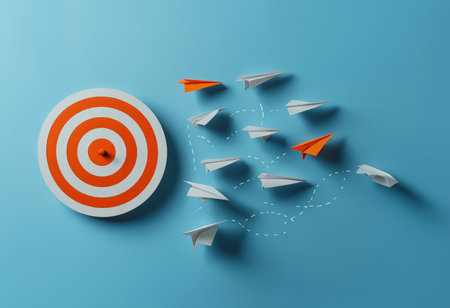 Leadership concept with paper planes and target on blue background. 3d illustrationの素材