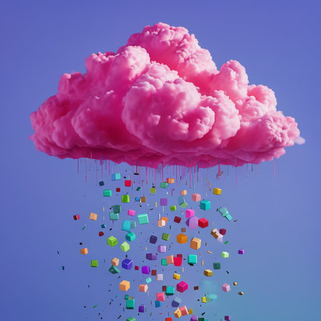 Vibrant Digital Illustration Majestic Pink Cloud Nestled Amongst Colorful Cubes Against a Calm Blue Skyの素材