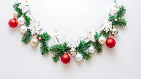 Jovial Holiday Wreath Colorful Greenery, Starry White Shapes, Radiant Red Balls, Snowy Silver Ornaments, and Glittering Gold Accents Create an Ornamented Scene Against a Neutral Baの素材