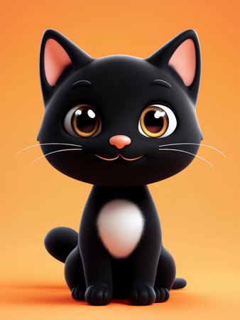 Whiskered Wonder A Detailed Illustration of the Majestic Black Cat with Orange Pupils and Whiskers, Capturing its Endearing Cartoon Style Expressionの素材