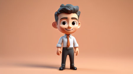 Cheerful Animated Character with Dark Hair and Red Tie Posed Relaxedly Against Muted Brown Backgroundの素材