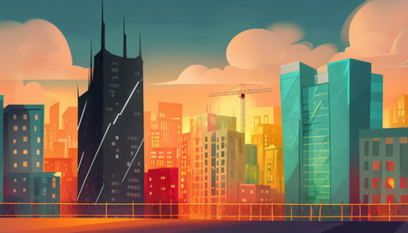 Vibrant City Skyline Capturing Colorful Buildings under Sunsets and Sunrisesの素材