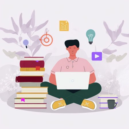 Productive Workspace An Animated Man Coding and Studying from Homeの素材