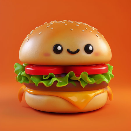Iconic Burger Illustration CheeseLaden Stylized Burger With Condiment Eyes Against Orange Backgroundの素材