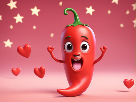 Cartoon hot chili pepper character with hearts and stars in the backgroundの素材