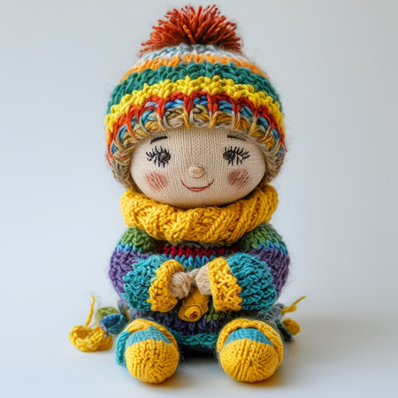 Handmade knitted toy in the form of a rag doll.の素材