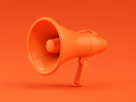Megaphone isolated on orange background. 3d render illustration.の素材