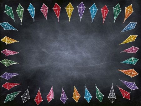 Oval Patterned Paper Kite Arrangement Around Blackboard An Artistic and Educational Showcase of Kite Design Creativityの素材