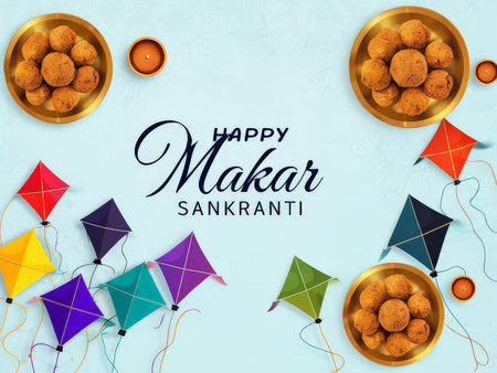 Joyful Makar Sankranti Celebration Festive Gold Platters, Colorful Kites, and Orange Candles Against a Subtle Blue Backgroundの素材