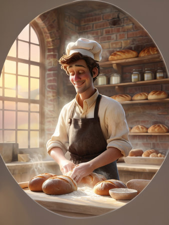 Sunset Bakery Scene A Baker Kneading Dough Amidst Golden Windows and Warm Sunlightの素材