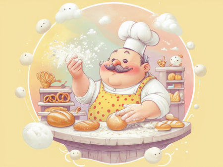 Delicate Breads and Whimsical Clouds A Harmonious Illustration of a Baker Crafting Dough Rolls amidst Varied Shapes and Floating Bubblesの素材