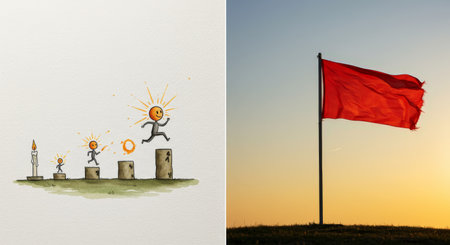 Four animated figures ascend stairs toward an orange sun while a large red flag waves gently against a fading sunset skyの素材