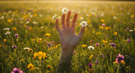 A hand clasping delicate blossoms in a lush floral meadowの素材