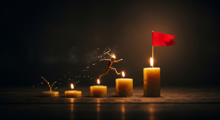 A visually striking depiction of perseverance and innovation, symbolized by the flame atop a red flag amidst a tree, representing a path forward despite setbacksの素材