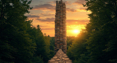 A grand tower crafted from countless books bathed in a stunning sunset, surrounded by lush greeneryの素材