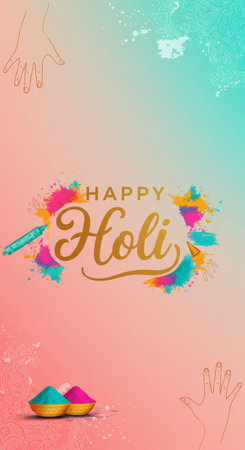 A vibrant poster celebrating the joyous festival of Holi with cheerful colors and celebratory messagesの素材