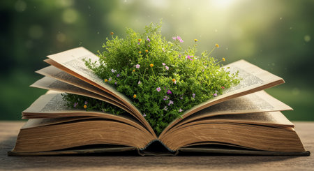 A delicate flower adorns an open book, creating a serene and poetic sceneの素材