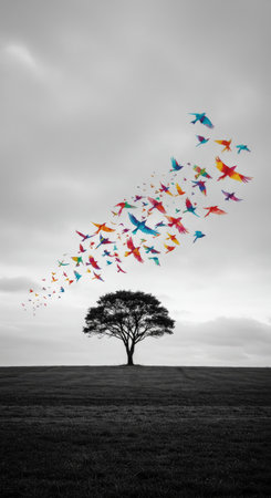 A striking composition featuring a solitary large tree against a backdrop of vibrant birds perched on a colorful field amidst a gray sky, contrasting vivid hues with monotone tonesの素材