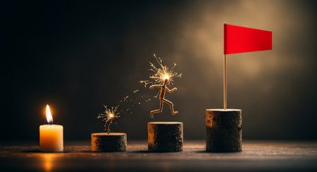 A captivating visual metaphor illustrating the journey towards success through steady progression and achieving milestones, illuminated by symbolic candles and represented by a redの素材