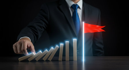 A businessman stops a chain reaction by placing a domino block in front of a red flag to deter potential chaosの素材