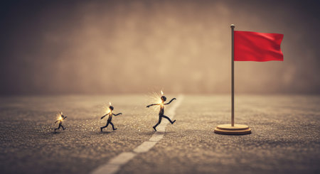 Four tiny spark figures zoom toward a red flagpole on a blurred road, symbolizing competition and unity among individuals striving for successの素材