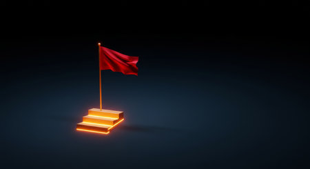 A stunning photo showcasing a vibrant red flag atop gleaming steps in a dark setting, highlighting its boldness with contrasting colors and dramatic lighting, conveying pride or suの素材