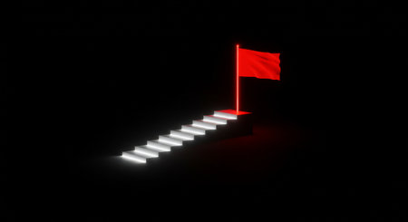 A digital artwork depicting glowing white steps leading to a red flag symbolizing progress, ambition, and achievement, highlighting the power of perseverance and determinationの素材