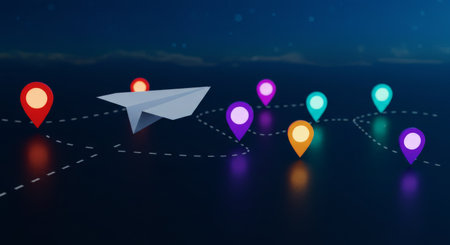 A vibrant paper airplane against a serene blue sky, scattered with colorful map pinsの素材