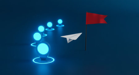 A paper airplane flying with a vibrant red flag trailing behind it in flightの素材