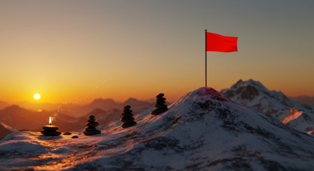 A serene scene of a mountain peak with a red flag, rocks balanced beneath, symbolizing the importance of maintaining mental health in balancing lifes challengesの素材