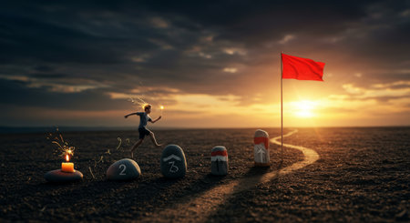 A runner navigating obstacles while lighting up the night with symbols of persistence, courage, and unityの素材