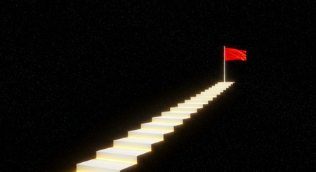 The inspiring artwork depicts an upward path leading to success, with red flags at each step representing achievements and motivational heights It encapsulates aspirations, progresの素材