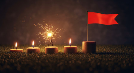 A festive nighttime scene with sparklers, glowing candles, and a vibrant orange glow, leading to a red flag in a grassy fieldの素材