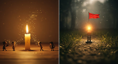 Two candles flicker in darkness, guiding little people towards a glowing beacon, while an ominous iron pillar stands in the background, symbolizing both hope and danger as figuresの素材