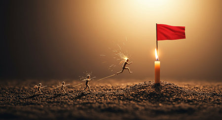 A daring escape as one runner races towards a burning red flag while others attempt to grab himの素材