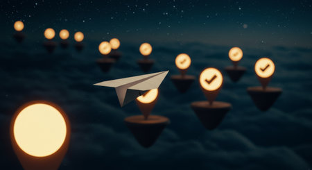 At night, paper planes, checkmarks, and light poles dance gracefully through an ethereal sea of clouds in this serene sceneの素材