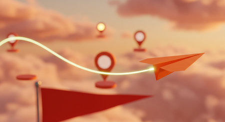 A beautifully crafted paper airplane soaring upwards towards its destination, guided by precise location pinsの素材