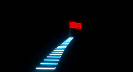 A glowing staircase symbolizing success and ambition reaching towards the raised national flag with prideの素材