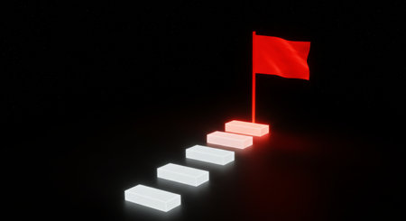 Steps to success lead upward, culminating in an eyecatching red flag as a symbol of achieving goals and overcoming challengesの素材