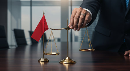 A person balances scales with red flags as if preparing for an important test or weighing responsibilityの素材