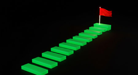 A vibrant staircase made of green blocks topped by a red flag, symbolizing progress, goals, and unwavering determinationの素材