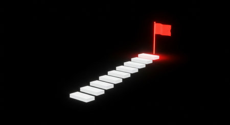 A vibrant digital artwork featuring a fiery red flag atop sleek white steps, capturing dynamic energy and modern aestheticsの素材