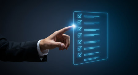 A vibrant neon light display with a finger gently touching a checklist on a digital screen, highlighting progress and detailの素材