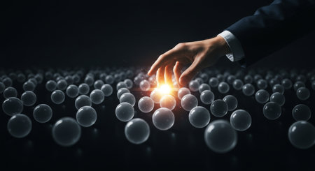A hand selects a glowing sphere amidst a sea of dimly lit ones, hinting at discovery or choice in a mysterious sceneの素材