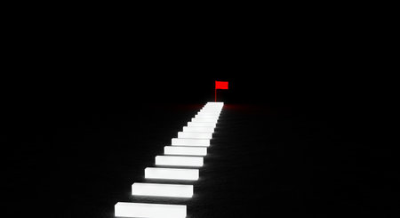 A pathway of white steps leading to a red flag atop, representing progress and determination against challengesの素材