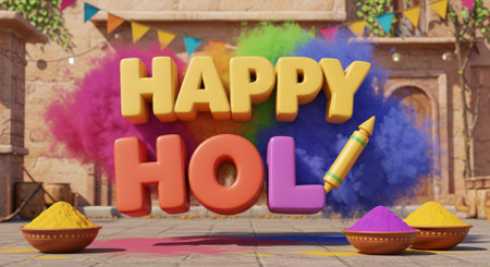 A vibrant celebration of Holi with colorful decorations and joyful facesの素材