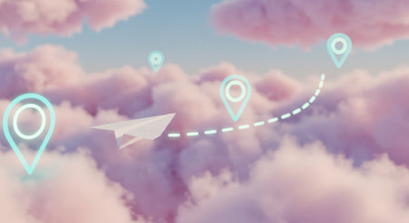 A whimsical paper airplane soaring through wispy clouds with digital symbols floating above itの素材